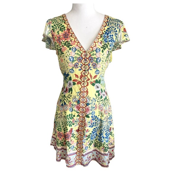 Alice + Olivia Hadley Floral Yellow Mini Fit & Flare Crepe Dress Sz 6 Tropical - Picture 13 of 16